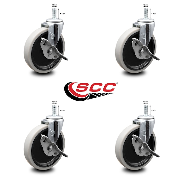 5 Inch Thermoplastic Wheel 12mm Threaded Stem Caster Set with Brakes SCC, 4PK